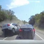 Horror moment BMW crashes head-on into traffic after idiot van driver’s U-turn sparks five-car pile up