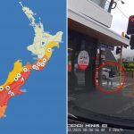 Terrifying moment freak gust of wind picks woman up and HURLS her into oncoming traffic during 85mph storm gales