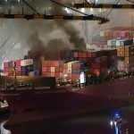 Huge inferno rips through cargo ship carrying hazardous material & sparks explosion at San Pedro port as crew evacuated