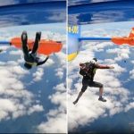 Horror moment skydiver’s parachute gets CAUGHT on plane’s tail leaving him in terrifying tangle after jump goes wrong