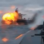 Shocking moment Ukrainian sea drones bomb another Russian ‘shadow fleet’ oil tanker as boat burns in the sea