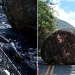 Terrifying moment locals run for their lives as giant boulder rolls down road & crushes motorbike after falling off hill