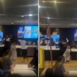 Shocking moment McDonald’s customer launches flying kick at worker as punches are thrown & burgers hurled in mass brawl